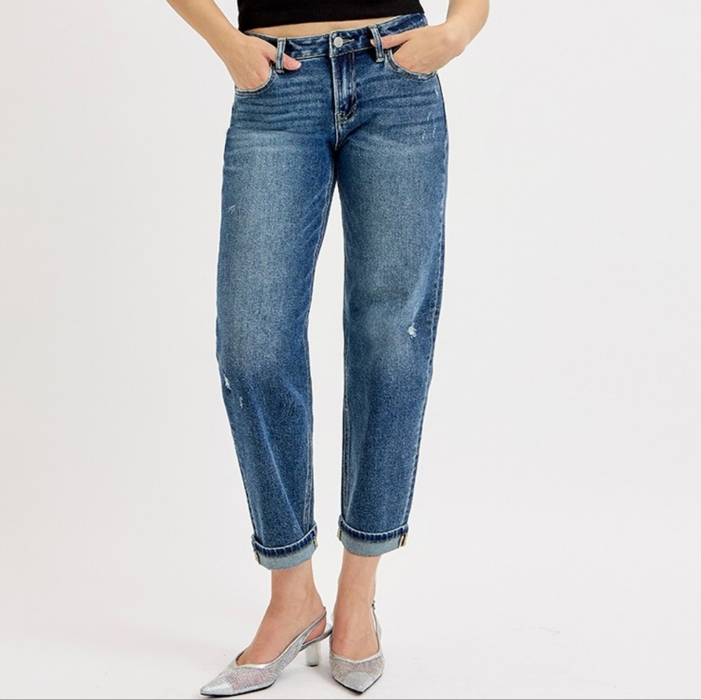 RISEN Low-Rise Boyfriend Fit Distressed Tapered Leg Cuffed Cropped Denim Pants